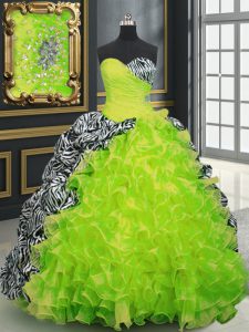 Printed Yellow Green Sweetheart Neckline Beading and Ruffles and Pattern Quinceanera Gown Sleeveless Lace Up