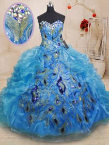Sweetheart Sleeveless Quince Ball Gowns Floor Length Beading and Appliques and Ruffles Baby Blue Organza