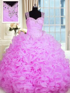 Vintage Rose Pink Sweetheart Neckline Beading and Ruffles Quince Ball Gowns Sleeveless Zipper