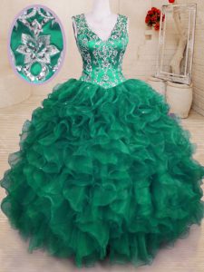 Modern Sleeveless Organza Floor Length Zipper Quinceanera Dress in Dark Green with Beading and Embroidery and Ruffles