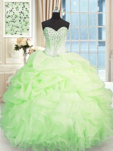 Fashion Apple Green Ball Gowns Organza Sweetheart Sleeveless Beading and Ruffles Floor Length Lace Up Sweet 16 Dress