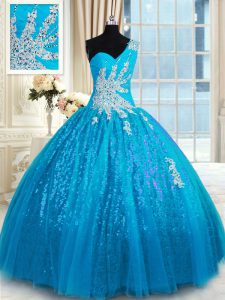 One Shoulder Sleeveless Tulle and Sequined Floor Length Lace Up Quince Ball Gowns in Baby Blue with Appliques