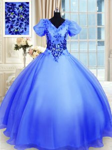 Fitting Floor Length Blue 15th Birthday Dress Organza Short Sleeves Appliques