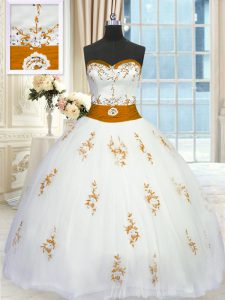 Tulle Sleeveless Floor Length Quinceanera Gowns and Appliques and Belt