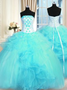 Comfortable Pick Ups Aqua Blue Sleeveless Tulle Lace Up Ball Gown Prom Dress for Military Ball and Sweet 16 and Quinceanera