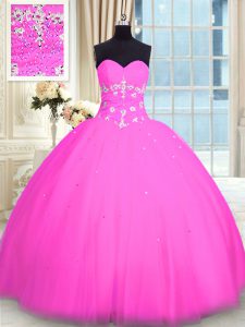 Adorable Sleeveless Floor Length Appliques Lace Up Sweet 16 Dress with Pink