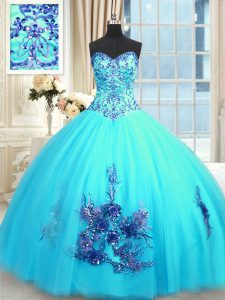 Pretty Sweetheart Sleeveless Tulle Sweet 16 Quinceanera Dress Beading and Appliques and Embroidery Lace Up