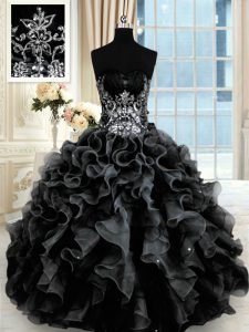 Wonderful Black Ball Gowns Beading and Ruffles 15 Quinceanera Dress Lace Up Organza Sleeveless Floor Length