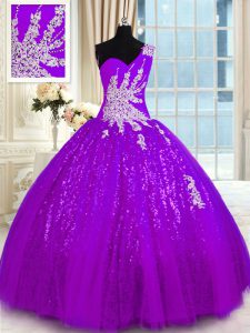 Comfortable One Shoulder Purple Lace Up Quinceanera Dresses Appliques Sleeveless Floor Length