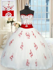 Dramatic White Sleeveless Floor Length Appliques and Belt Lace Up Quinceanera Dresses