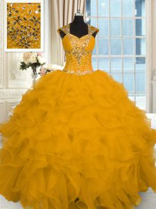 Gold Ball Gowns Beading and Ruffles Quince Ball Gowns Lace Up Organza Cap Sleeves Floor Length