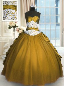 Modest Sleeveless Taffeta and Tulle Floor Length Lace Up Quinceanera Dresses in Olive Green with Beading and Appliques and Pick Ups