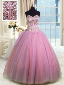 Organza Sweetheart Sleeveless Lace Up Beading and Ruching Vestidos de Quinceanera in Rose Pink