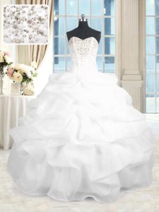 Organza Sweetheart Sleeveless Lace Up Beading and Ruffles Quinceanera Gowns in White
