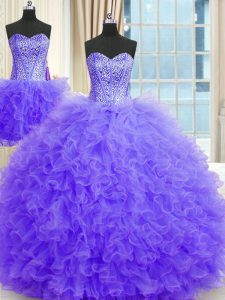 Three Piece Tulle Sleeveless Floor Length Sweet 16 Dresses and Beading and Ruffles