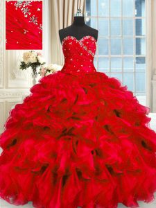 Enchanting Beading and Ruffles Quinceanera Gowns Red Lace Up Sleeveless Floor Length