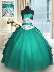 Fashion Taffeta and Tulle Sleeveless Floor Length Quinceanera Gowns and Beading and Lace and Appliques and Ruching