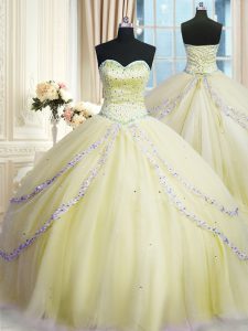 Light Yellow Ball Gowns Beading and Appliques Sweet 16 Dresses Lace Up Organza Sleeveless With Train