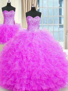 Three Piece Lilac Ball Gowns Beading and Ruffles Vestidos de Quinceanera Lace Up Tulle Sleeveless Floor Length