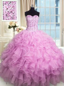 Lilac Sweetheart Lace Up Beading and Ruffles and Sequins Quinceanera Dress Sleeveless