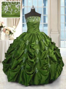 Ideal Green Ball Gowns Beading and Appliques and Embroidery and Pick Ups Quinceanera Gowns Lace Up Taffeta Sleeveless Floor Length