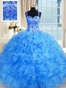 Glittering Baby Blue Sleeveless Organza Lace Up 15 Quinceanera Dress for Military Ball and Sweet 16 and Quinceanera