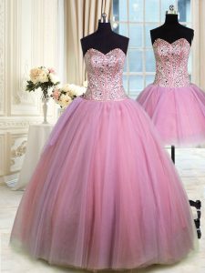 Custom Design Three Piece Beading Quinceanera Gowns Lavender Lace Up Sleeveless Floor Length