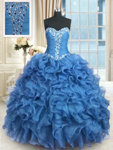 Suitable Ball Gowns Sweet 16 Dress Baby Blue Sweetheart Organza Sleeveless Floor Length Lace Up