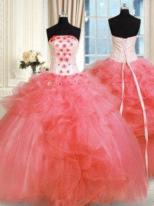 Fashionable Pick Ups Strapless Sleeveless Lace Up Sweet 16 Quinceanera Dress Watermelon Red Tulle