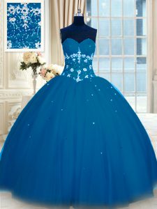 Sweetheart Sleeveless Tulle Ball Gown Prom Dress Appliques Lace Up