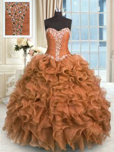 Brown Ball Gowns Sweetheart Sleeveless Organza Floor Length Lace Up Beading and Ruffles Vestidos de Quinceanera