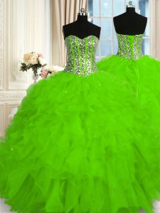 Sleeveless Floor Length Beading and Ruffles Lace Up Quince Ball Gowns