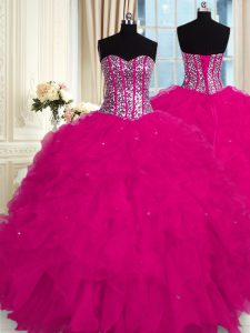 Flare Sweetheart Sleeveless Quince Ball Gowns Floor Length Beading and Ruffles Fuchsia Organza