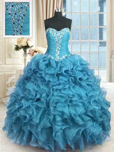 Low Price Baby Blue Organza Lace Up Quince Ball Gowns Sleeveless Floor Length Beading and Ruffles
