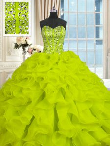 Charming Yellow Green Sleeveless Organza Brush Train Lace Up Quinceanera Gown for Military Ball and Sweet 16 and Quinceanera
