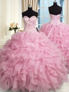 Artistic Sweetheart Sleeveless Quinceanera Dress Floor Length Beading and Ruffles Rose Pink Organza