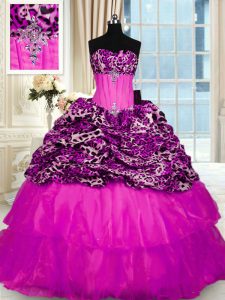 Artistic Printed Fuchsia Quinceanera Dresses Military Ball and Sweet 16 and Quinceanera with Beading and Ruffled Layers and Sequins Strapless Sleeveless Sweep Train Lace Up