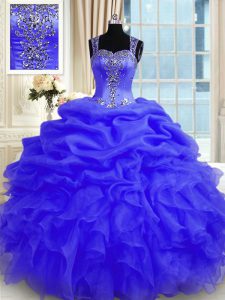 Stylish Straps Sleeveless Quince Ball Gowns Floor Length Beading and Ruffles Purple Organza