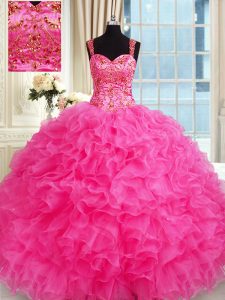 Luxury Ball Gowns 15 Quinceanera Dress Hot Pink Straps Organza Sleeveless Floor Length Lace Up