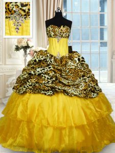 Super Organza and Printed Sleeveless Quinceanera Dresses Sweep Train and Beading and Ruffled Layers