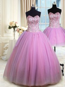 Gorgeous Three Piece Lilac Quinceanera Dress Military Ball and Sweet 16 and Quinceanera with Beading Sweetheart Sleeveless Lace Up