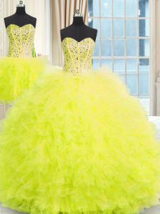 Hot Selling Three Piece Tulle Sleeveless Floor Length Quinceanera Dresses and Beading and Ruffles