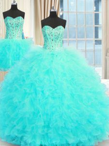 Flare Three Piece Aqua Blue Strapless Lace Up Beading and Ruffles 15 Quinceanera Dress Sleeveless