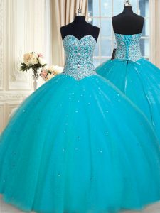 Sweetheart Sleeveless Sweet 16 Dresses Floor Length Beading and Sequins Aqua Blue Tulle