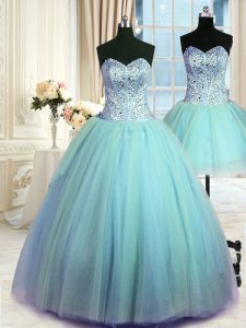 Traditional Three Piece Tulle Sweetheart Sleeveless Lace Up Beading 15 Quinceanera Dress in Blue