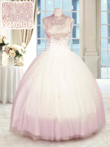 Baby Pink Ball Gowns High-neck Sleeveless Tulle Floor Length Zipper Beading Quinceanera Dress
