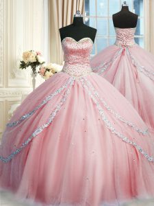 Inexpensive Pink Lace Up Quinceanera Gown Beading and Appliques Sleeveless With Train Court Train