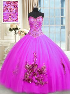 Modern Fuchsia Lace Up Sweetheart Beading and Appliques and Embroidery Quinceanera Dresses Tulle Sleeveless