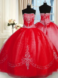 Glorious Beading and Embroidery 15th Birthday Dress Red Lace Up Sleeveless Floor Length