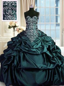 Dynamic Sleeveless Taffeta Floor Length Zipper Vestidos de Quinceanera in Dark Green with Beading and Embroidery and Pick Ups